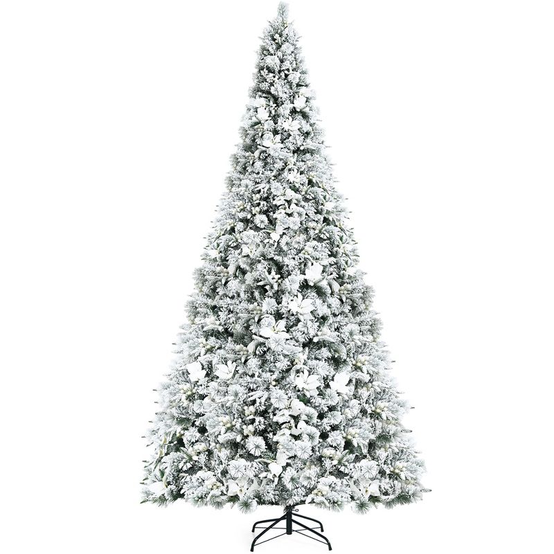 Costway 5ft/6ft/7ft/8ft Snow Flocked Hinged Christmas Tree w/ Berries & Poinsettia Flowers, 1 of 10