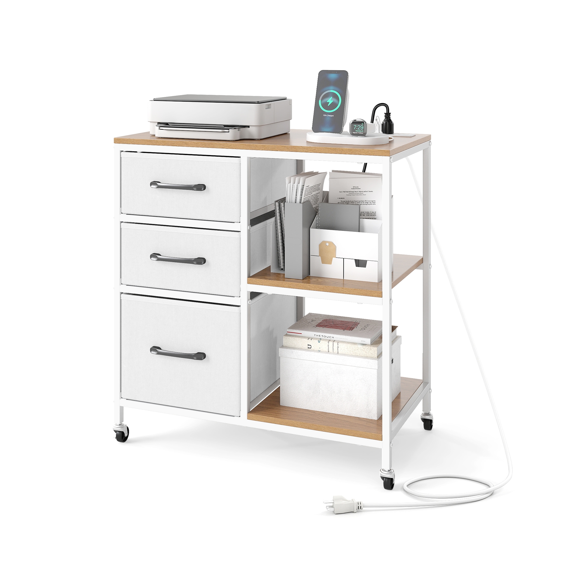 Costway 3 Drawer Mobile File Cabinet w/Charging Station Open Storage Shelves for Home