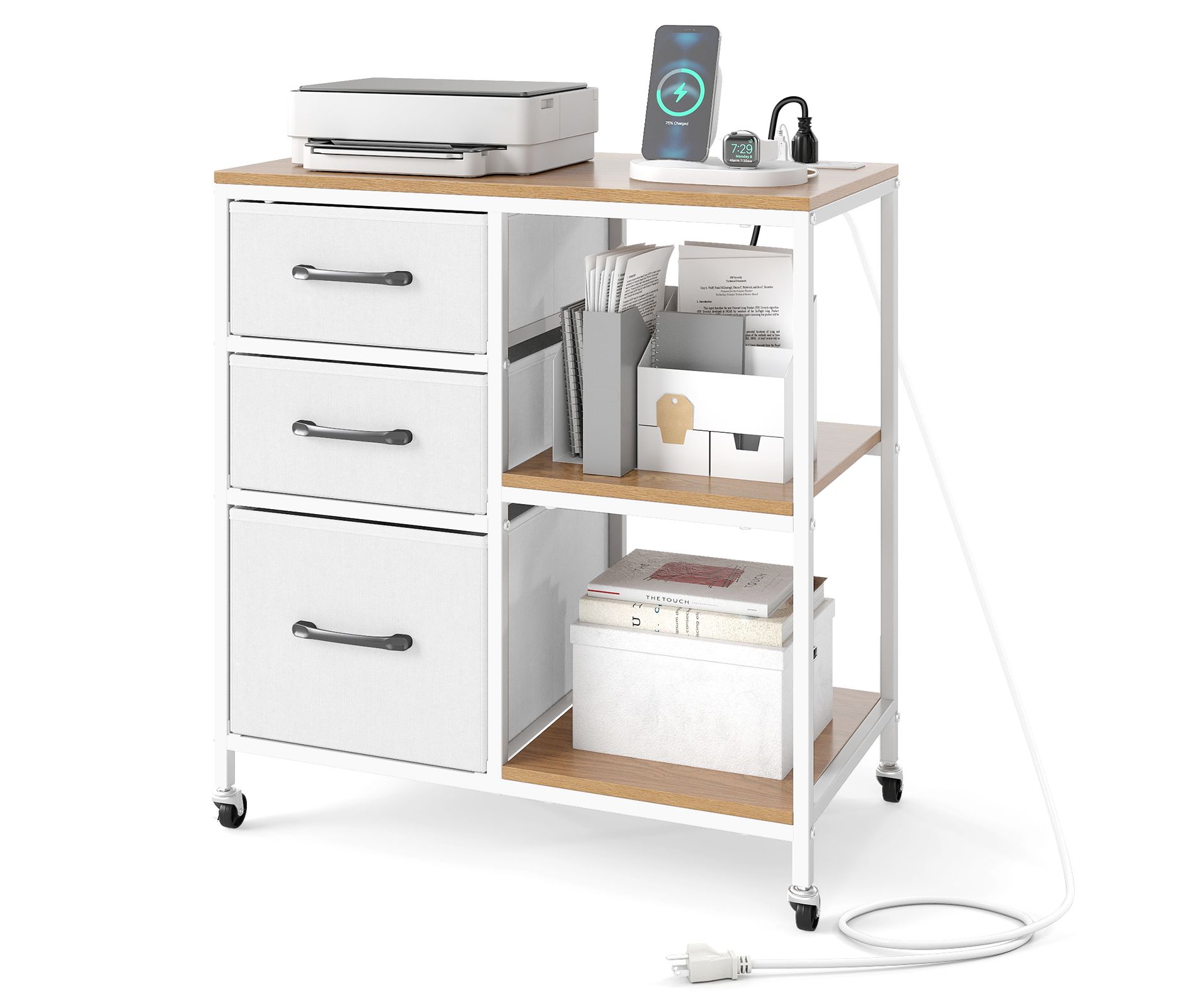 Costway 3 Drawer Mobile File Cabinet w/Charging Station Open Storage Shelves for Home