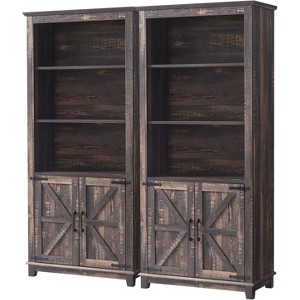 AMERLIFE Farmhouse 5 Shelf Bookshelf Storage Cabinet with Adjustable Shelves & Barn Door, Rustic Oak Black, 2 Pcs - 1 of 3