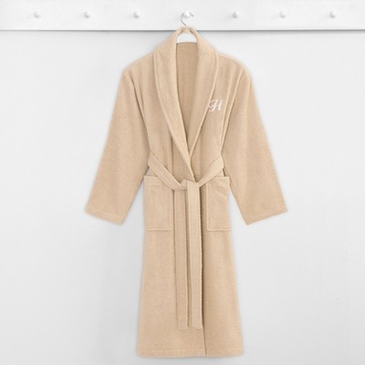 Beige Turkish Cotton Terry Cloth Mid-Calf Bathrobe with Pockets