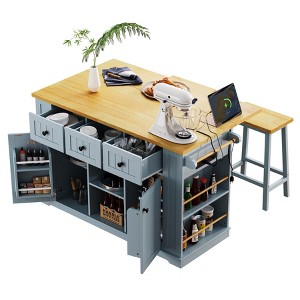 KWPZQEB Large Kitchen Island w/ Wheels & Drop Leaf, Wood Storage Cabinet w/ 2 Barn Doors & 3 Drawers, Island Cart w/ Built-in Rack & Spice Rack - 1 of 4