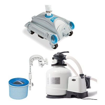 Intex 3000 GPH Pool Sand Filter Pump w/ Automatic Timer & Pool Vacuum & Skimmer