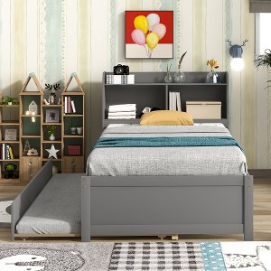 MAYEERTY Twin Platform Bed with Storage Headboard Pull Out Trundle Sturdy Pine Wood Bed for Living Room Gray - 1 of 4
