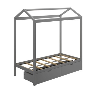 Gray Twin Pine Wood Canopy Bed with Storage Drawers