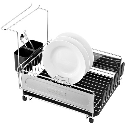 Compact Stainless Steel Dish Rack with Utensil Cup and Wine Glass Holder