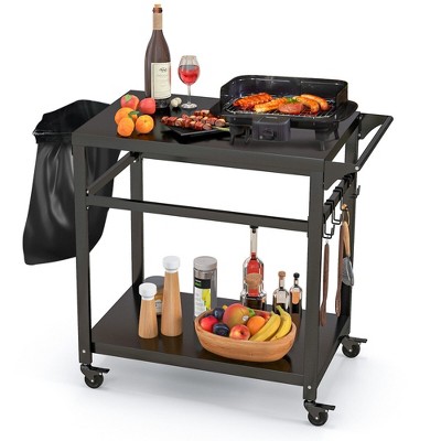 Tangkula Outdoor Grill Cart Pizza Oven Stand w/ Shelf Hooks Lockable Wheels Side Handle