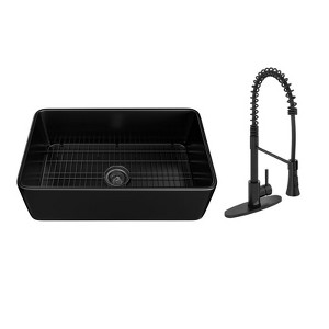 CASAINC 30'' Rectangular Single Bowl Fireclay Farmhouse Apron Kitchen Sink with Pulldown Faucet, Matte Black - 1 of 4