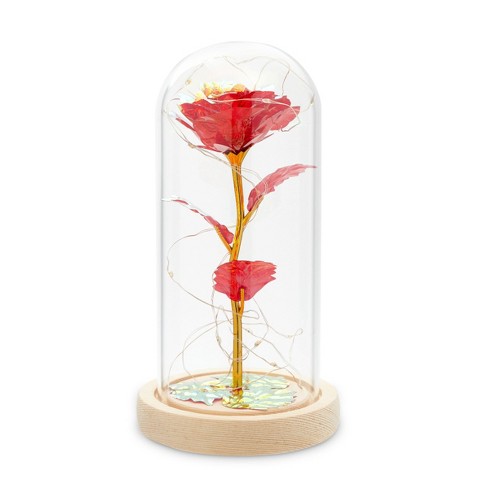Rose Flower Under Glass Dome With LED Lights Strings Wooden Base Decoration Gift 