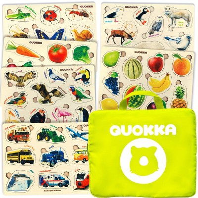 QUOKKA Fruits and Animals Kids Wooden Puzzles Set with Bag, Montessori toys for 2 3 4 Years Old, Realistic Vehicles Birds