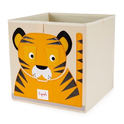 3 Sprouts Large 13 Inch Square Children's Foldable Fabric Storage Cube Organizer Box Soft Toy Bin, Friendly Tiger