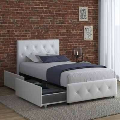 Twin White Upholstered Platform Bed with Storage Drawers