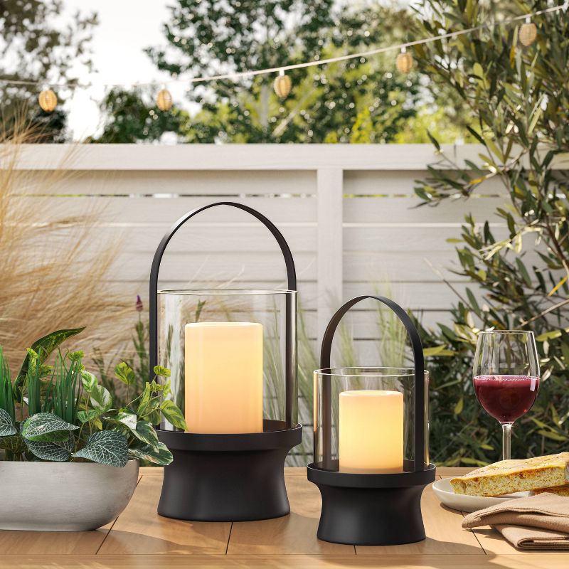Modern Metal and Glass Battery LED Pillar Candle Outdoor Lantern Black - Threshold™, 3 of 7