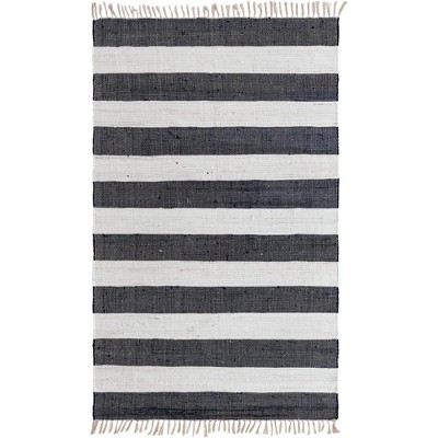 Handmade Navy Blue Rectangular Braided Stripe Rug