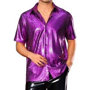 INSPIRE CHIC Men's Button Down Short Sleeve Shiny Disco Metallic Shirts - 1 of 4