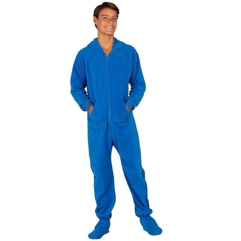 Footed Pajamas - Brilliant Blue Kids Hoodie Fleece Onesie, 2 of 5