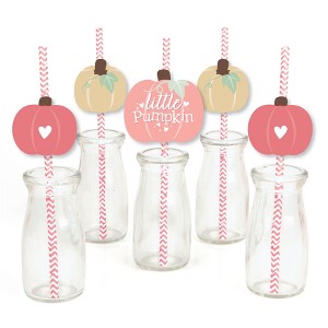 Big Dot of Happiness Girl Little Pumpkin - Paper Straw Decor - Fall Birthday Party or Baby Shower Striped Decorative Straws - Set of 24 - 1 of 4