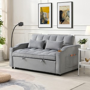 Velvet Convertible Trundle Sofa Bed with Adjustable Back, USB Charging Ports, and Phone Holder - 1 of 4