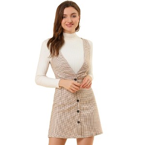 Allegra K Women's V Neck Gingham Check Pinafore Overalls Suspenders Plaid Print Dress - 1 of 4
