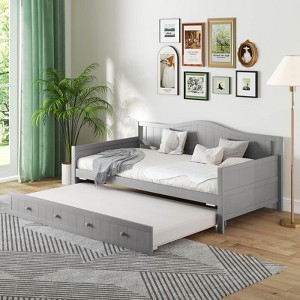 Costway Twin Size Daybed with Trundle Solid Wood Sofa Bed with Slats Support Guest Bed White/Gray - 1 of 4