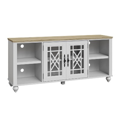 Vintage White and Oak 60" TV Stand with Carved Cabinet Doors