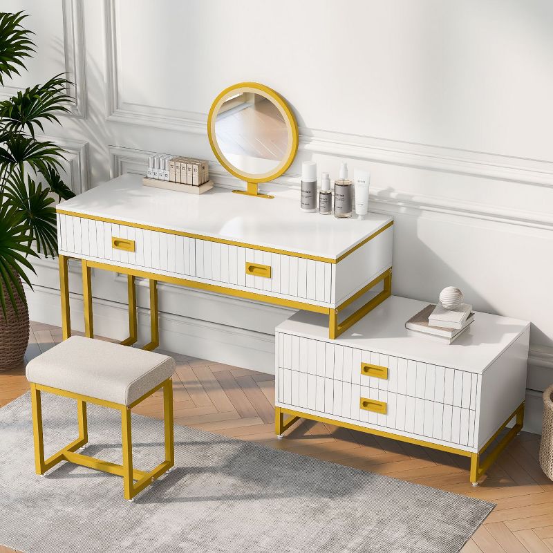 Modern Style Vanity Table With Movable Side Cabinet And 4-Drawers,Large Size Dressing Table With Mirror and 3-colors LED Light,Makeup Table With Stool, 2 of 9