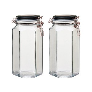 Amici Home Adler Hermetic Preserving Glass Canister, Hexagonal Faceted Body, Black and Copper Lid/Clippers, Food Safe, 2-Piece - 1 of 4