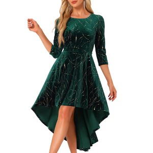 INSPIRE CHIC Women's Velvet Long Sleeves Crew Neck A Line Zipper Cocktail Party Midi Dress - 1 of 4