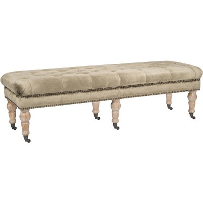 Transitional Tufted Antique Sage Bench with Brass Nail Heads and Oak Legs