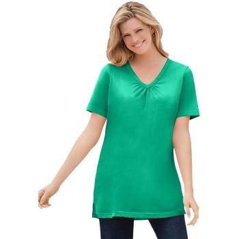 Woman Within Women's Plus Size Perfect Short-Sleeve Shirred V-Neck Tunic