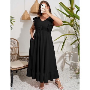 Women's Plus Size Summer Dress with Pocket Ruffle Cap Sleeveless V Neck Side Split Long Beach Maxi Dress - 1 of 4
