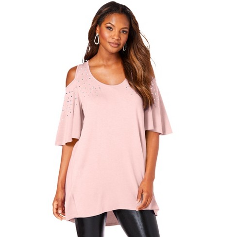 Roaman's Women's Plus Size Cold-shoulder Ultra Femme Tunic, 26/28 - Soft  Blush Rhinestone : Target