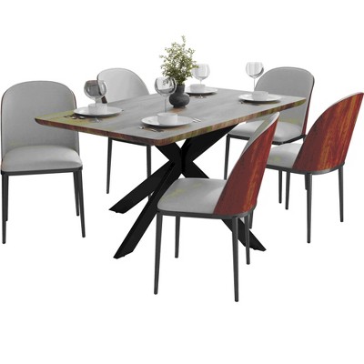 LeisureMod Ravenna 6-Piece Dining Set - 63" Rectangular MDF Wood Dining Table, 5 Leather Dining Chairs