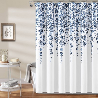 navy blue and white shower curtain