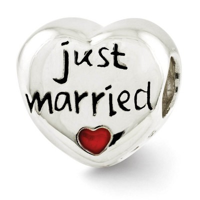 Black Bow Jewelry Sterling Silver and Enameled Just Married Heart Bead Charm