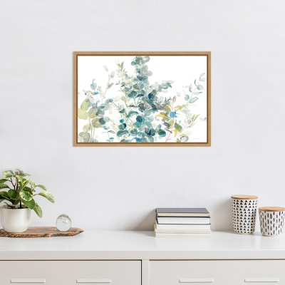 Eucalyptus I White Crop Watercolor Canvas with Maple Frame