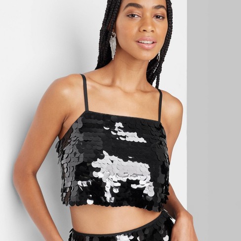 Forever 21 Women's Sequin Cropped Cami & Pants Set Black