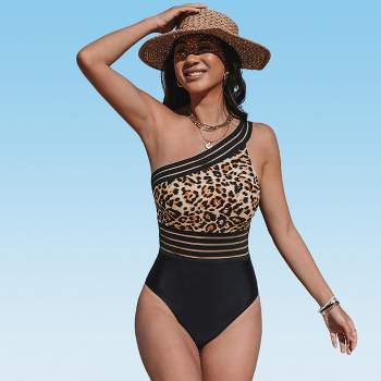Women's Leopard Print Mesh One Shoulder One Piece Swimsuit - Cupshe