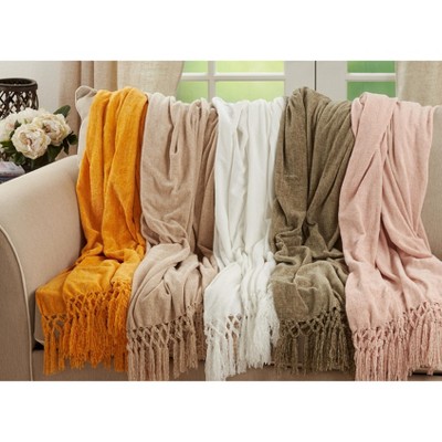 Blush Knotted Chenille Throw Blanket with Tassels