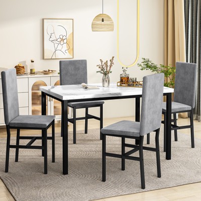 Hooseng Modern Style 5-Piece Dining Room Table And Chairs Set, Faux Marble MDF Table Top and Velvet Upholstered Chairs Dining Table Set for 4