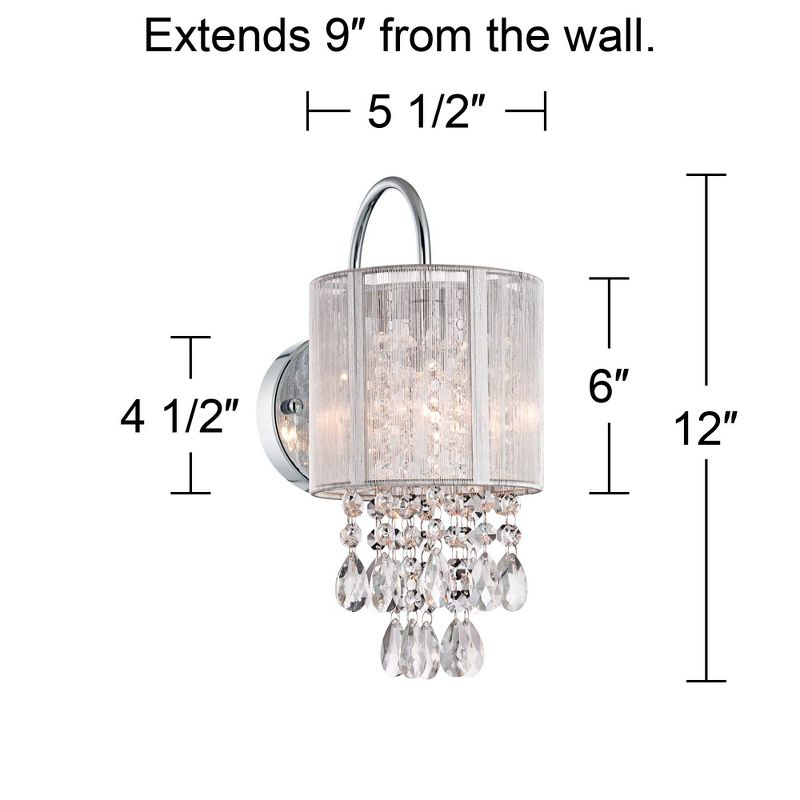 Possini Euro Design Modern Wall Light Sconces Set of 2 Chrome Hardwired 6" Fixture Curved Arm Clear Crystal Silver String Drum Shade for Bedroom House, 4 of 9