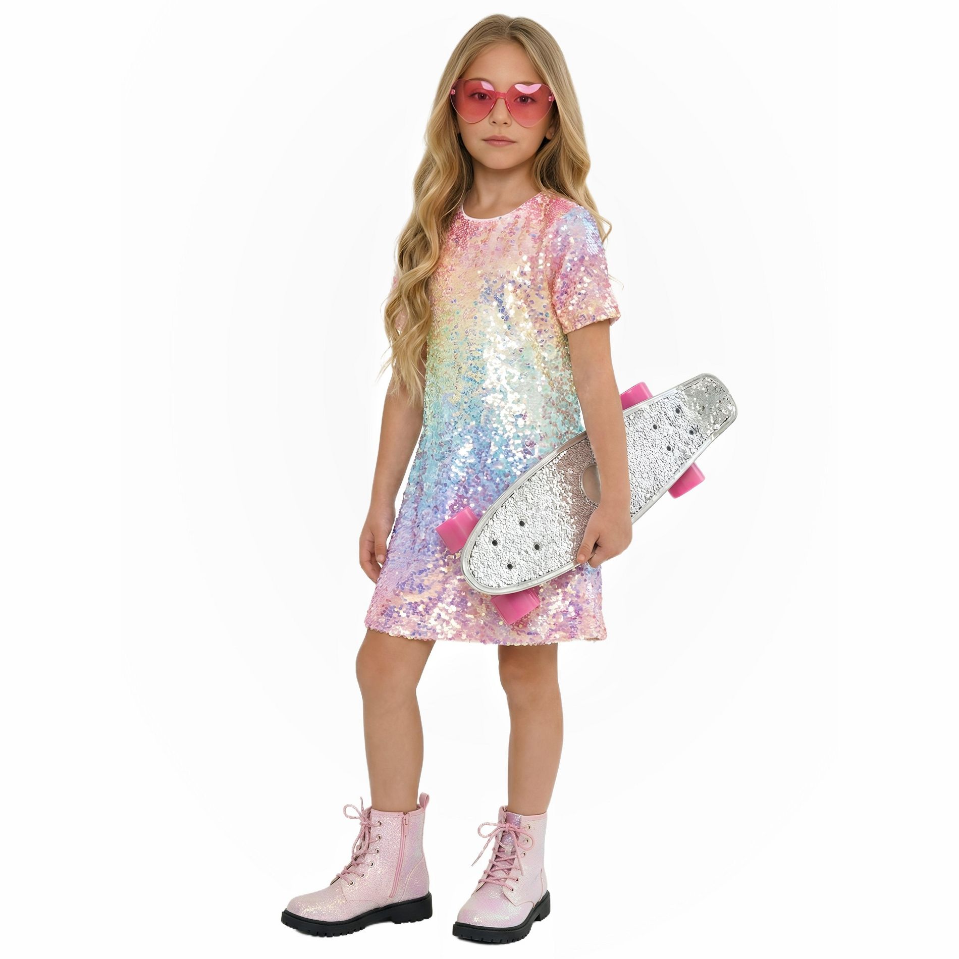 2Bunnies Girls' 3T-12yr Ombre Sequin Short Sleeve Dress