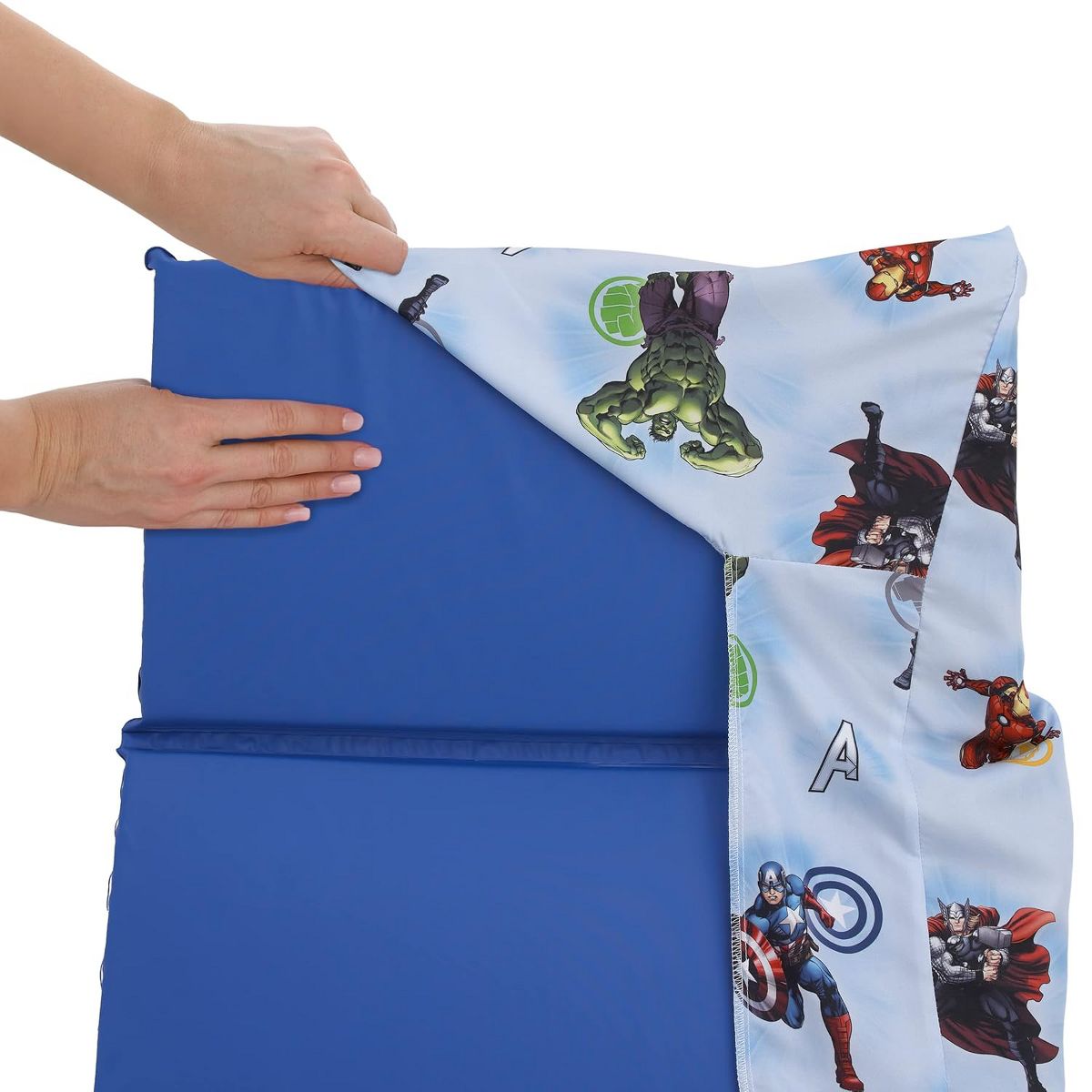 Marvel Avengers Toddler Nap Mat Sheet, Fitted Daycare Cot Cover, Light Blue - thumbnail 2
