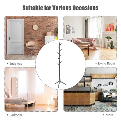 Gray Rubber Wood Adjustable Height Coat Rack with 8 Hooks