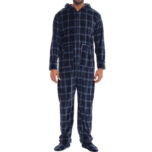 ADR Men s Hooded Footed Adult Onesie Pajamas Set Plush Winter PJs with Hood Blue and Green Plaid X Large