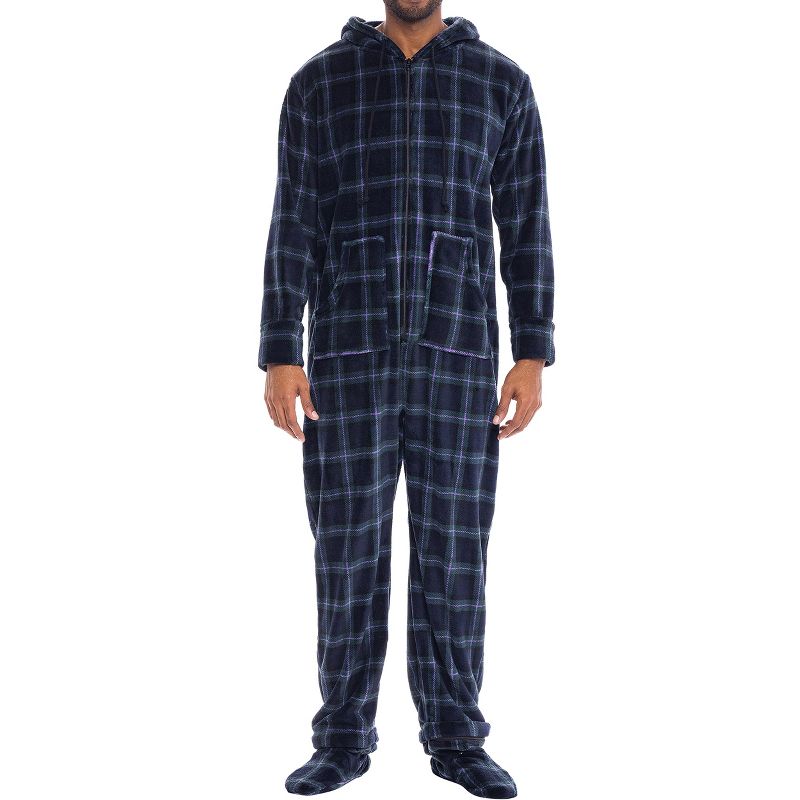 Men's Plush Fleece One Piece Hooded Footed Zipper Pajamas Set, Soft Adult Onesie Footie with Hood, 1 of 9