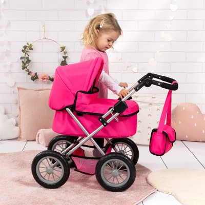 Hot Pink Adjustable Handle Doll Pram with Shoulder Bag
