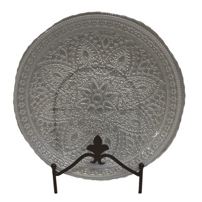 Essential Decor & Beyond 13" Silver Glass Charger with Flowery Modern Design Set of 4