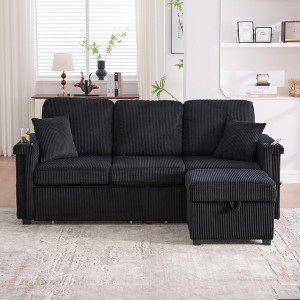 76.38'' Corduroy L-Shaped Sectional Sofa with Pull-Out Storage, Ottoman, USB Charging, and Cup Holders - 1 of 4
