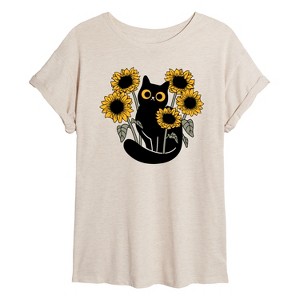 Women's - Instant Message - Black Cat in Sunflowers Oversized Graphic T-Shirt - 1 of 4